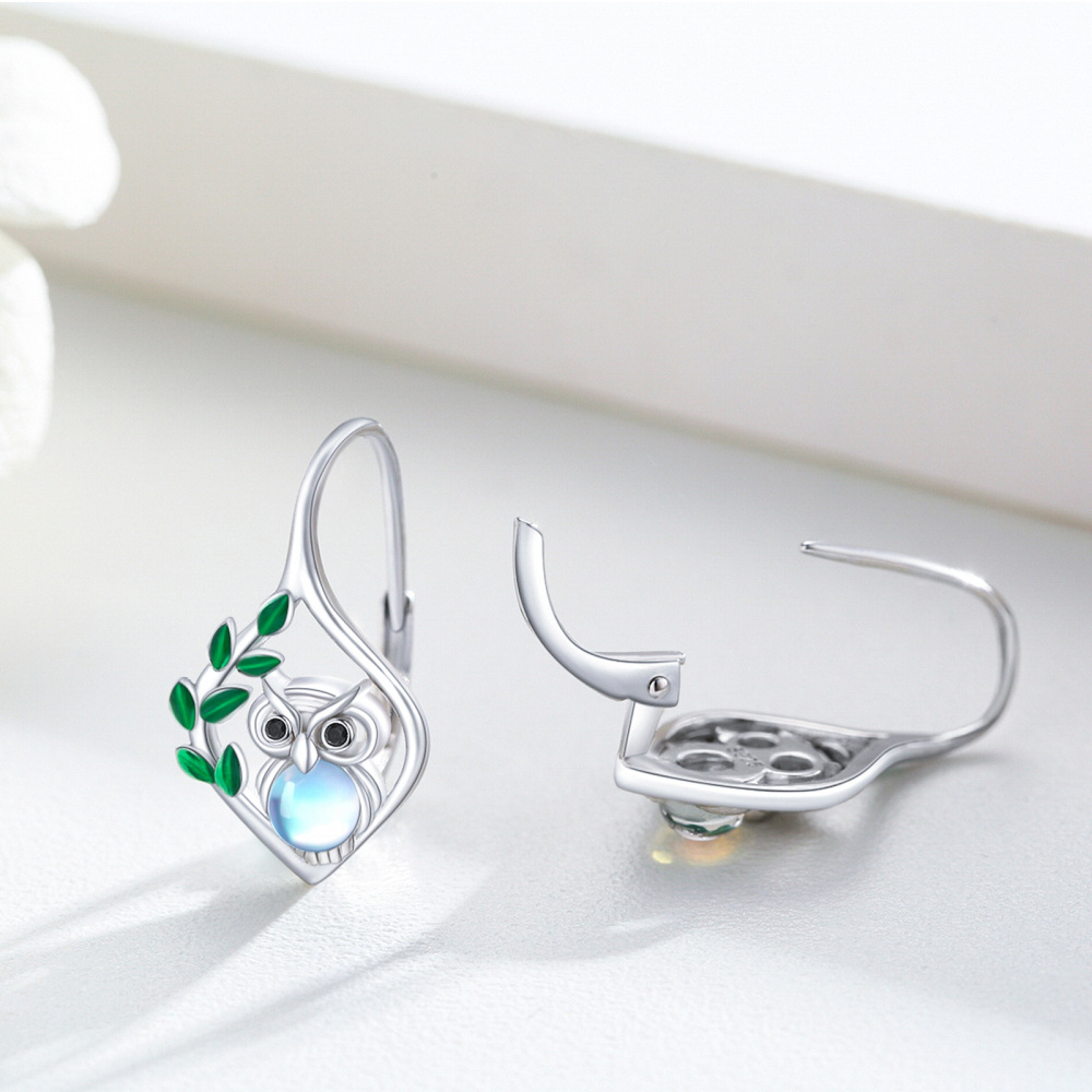 Pendientes de plata de ley con forma circular de búho de piedra de luna-3