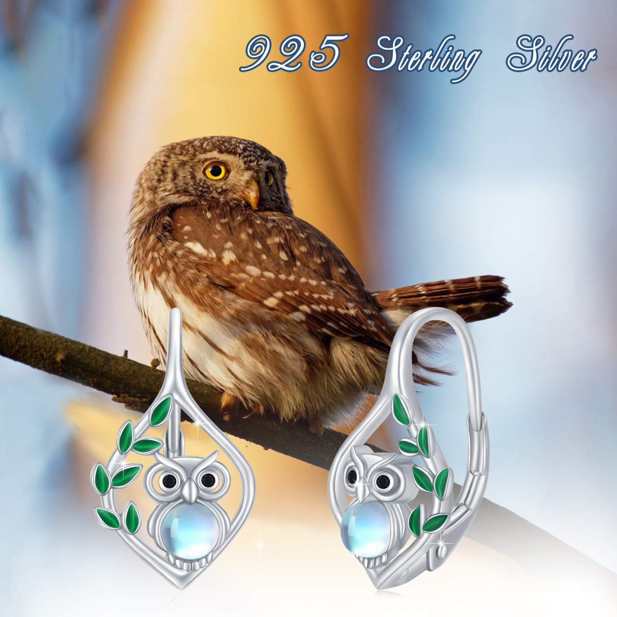 Pendants d'oreilles en argent sterling avec hibou en pierre de lune de forme circulaire-4