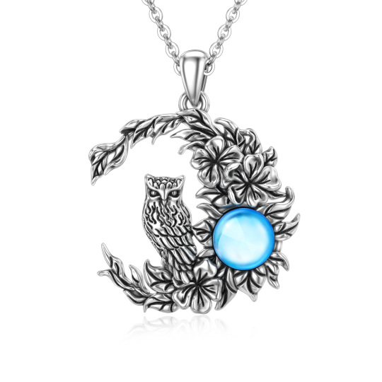 Sterling Silver Circular Shaped Moonstone Owl & Moon Pendant Necklace