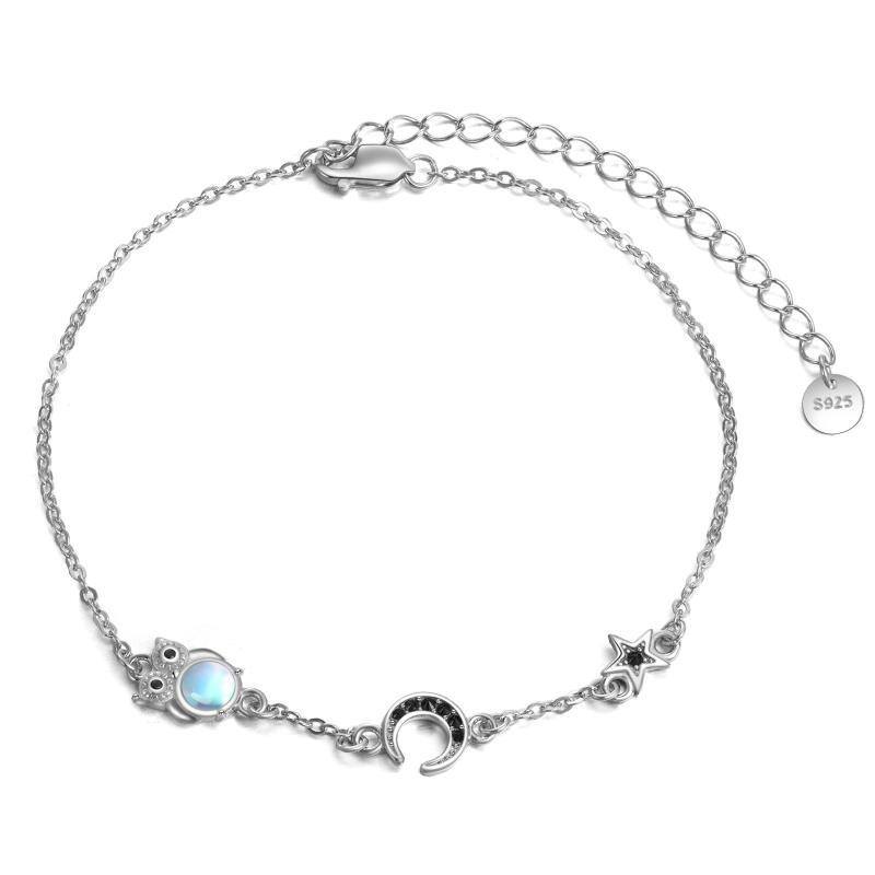 Sterling Silver Circular Moonstone Owl & Moon & Star Pendant Bracelet For Women-1