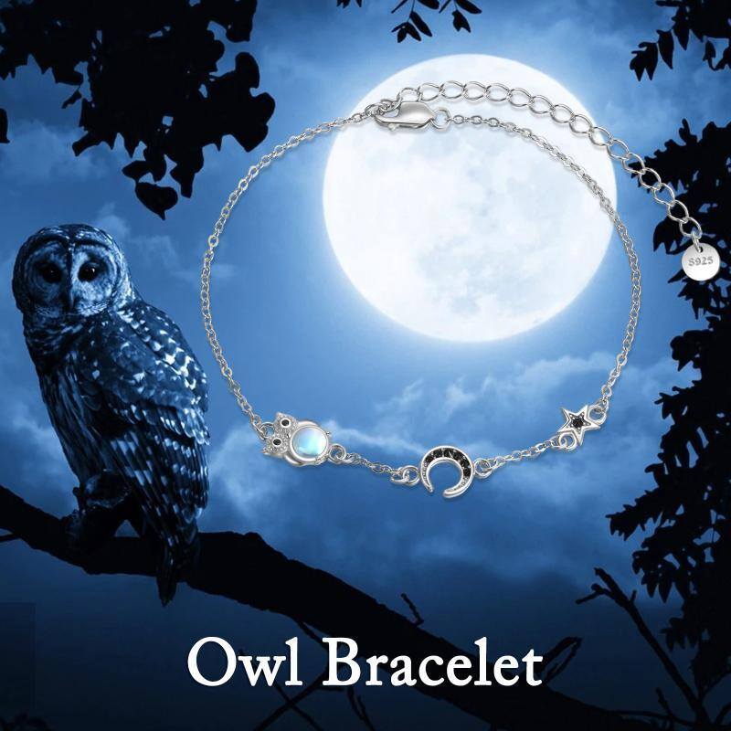 Sterling Silver Circular Moonstone Owl & Moon & Star Pendant Bracelet For Women-6