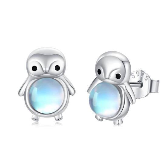 Sterling Silver Circular Shaped Moonstone Penguin Stud Earrings