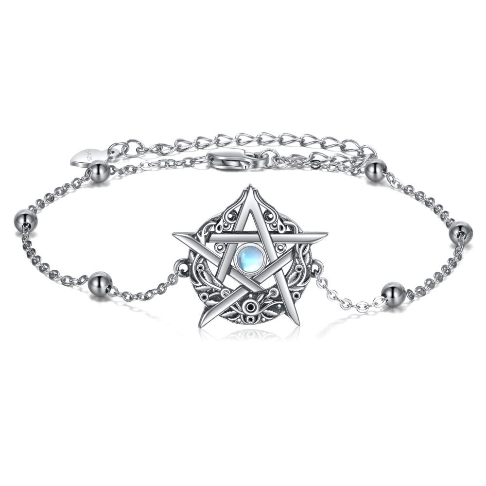 Sterling Silver Circular Shaped Moonstone Pentagram Charm Bracelet-1