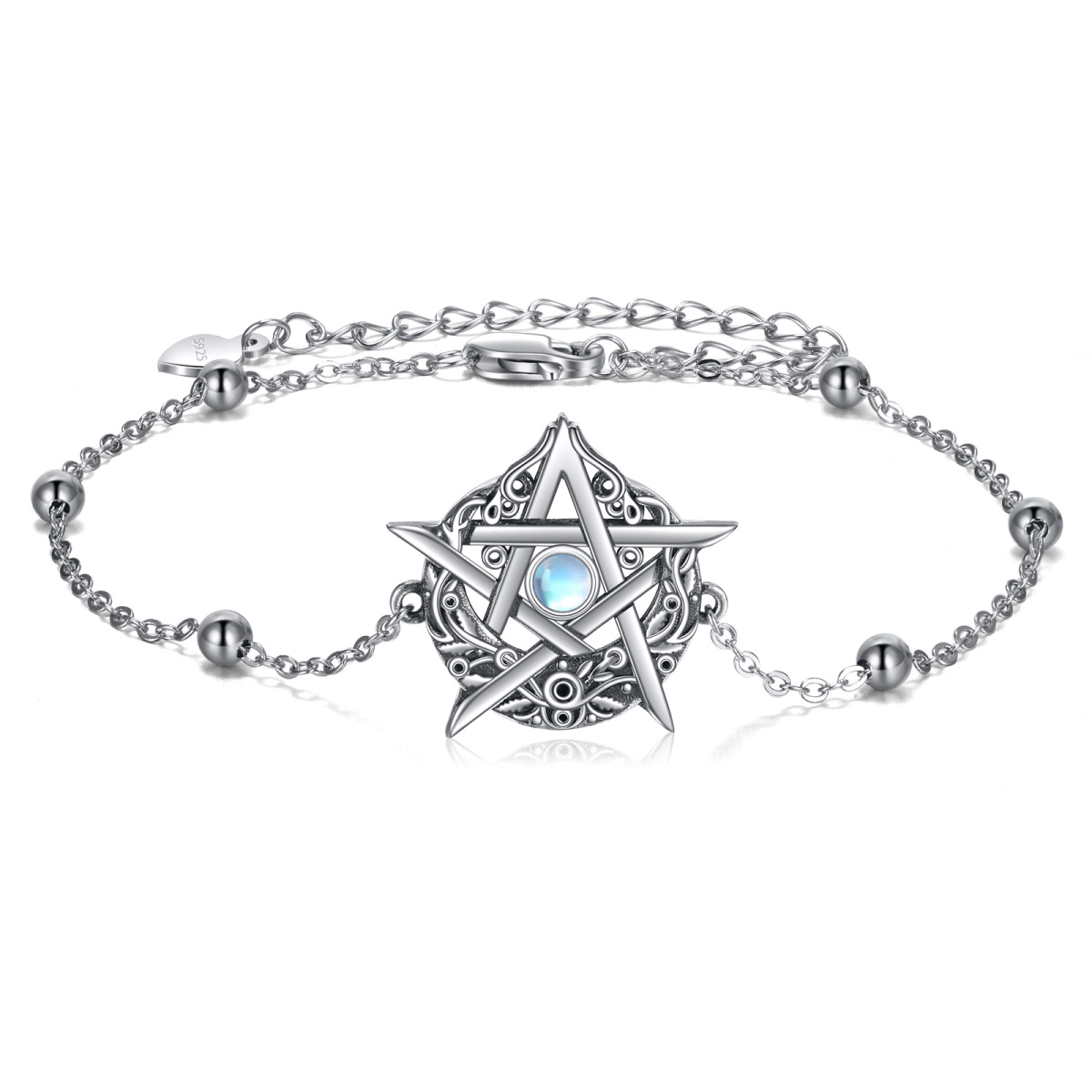 Sterling Silver Circular Shaped Moonstone Pentagram Charm Bracelet-1