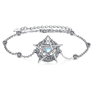 Sterling Silver Circular Shaped Moonstone Pentagram Charm Bracelet-12