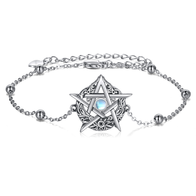 Bracelet en argent sterling avec pendentif pentagramme en pierre de lune de forme circulai