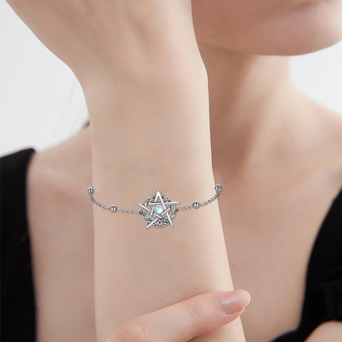 Pulsera colgante de plata de ley con forma circular de pentagrama de piedra de luna-2