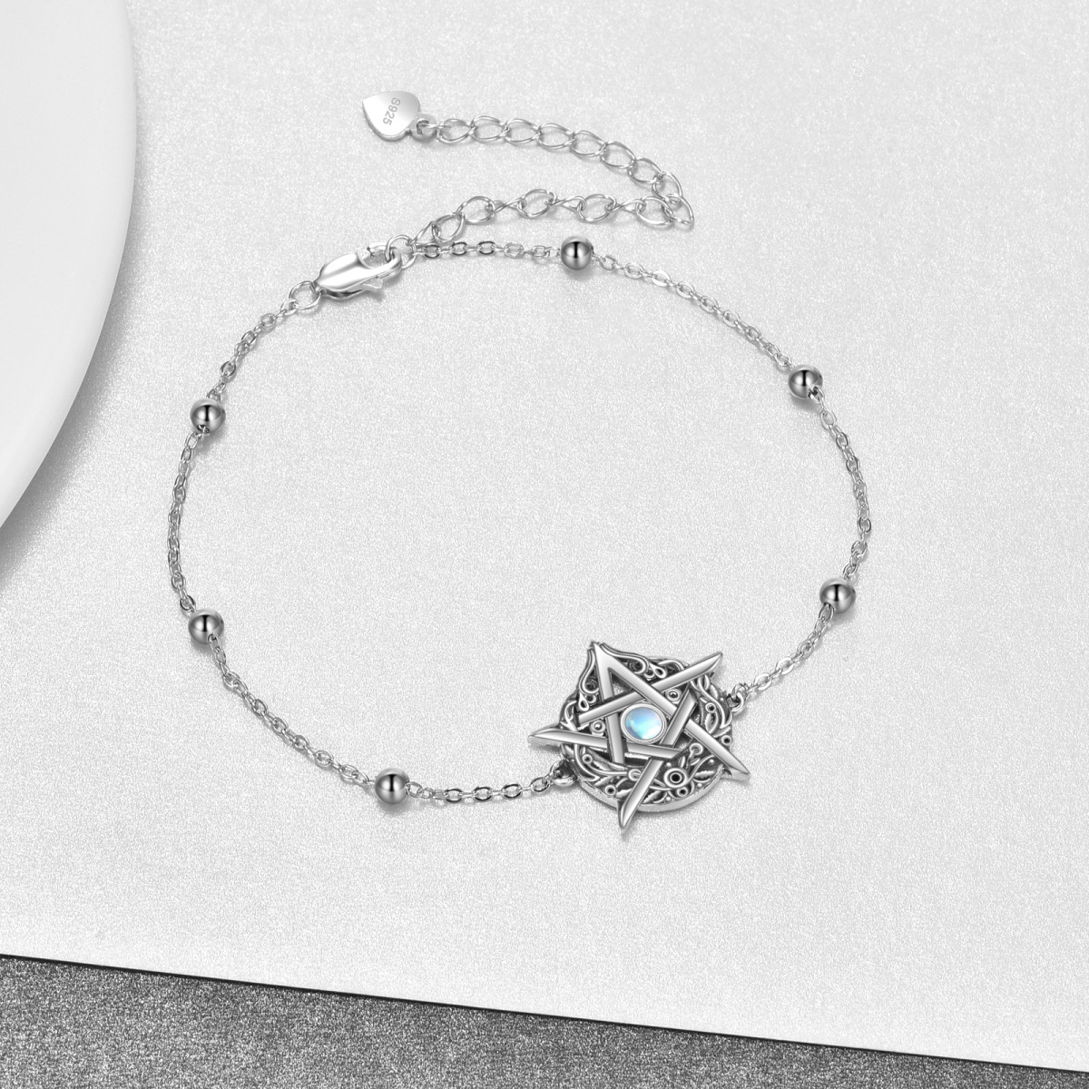 Pulsera colgante de plata de ley con forma circular de pentagrama de piedra de luna-3