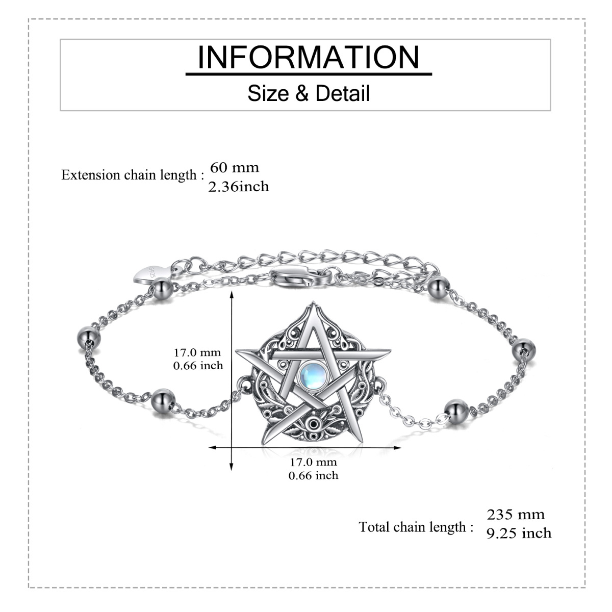 Pulsera colgante de plata de ley con forma circular de pentagrama de piedra de luna-5