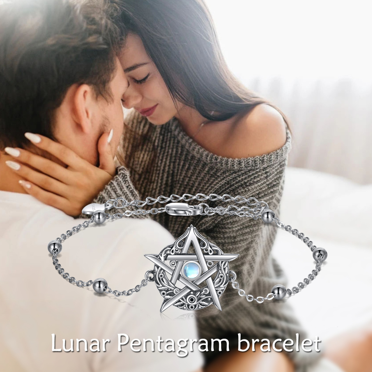 Pulsera colgante de plata de ley con forma circular de pentagrama de piedra de luna-6