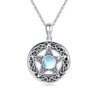 Sterling Silver Circular Shaped Moonstone Pentagram Pendant Necklace-2