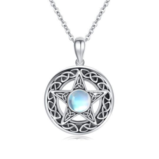 Sterling Silver Circular Shaped Moonstone Pentagram Pendant Necklace