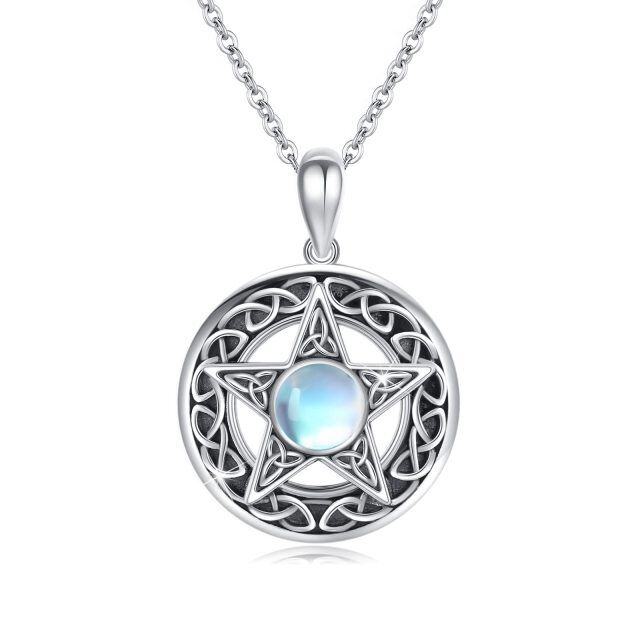 Sterling Silver Circular Shaped Moonstone Pentagram Pendant Necklace-3