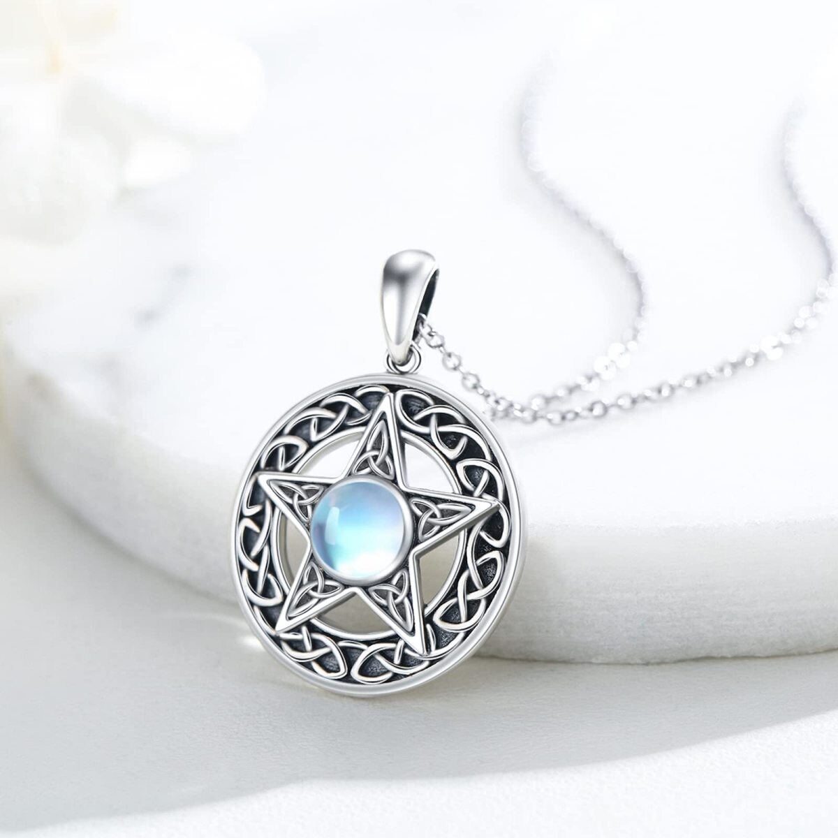 Sterling Silver Circular Shaped Moonstone Pentagram Pendant Necklace-4