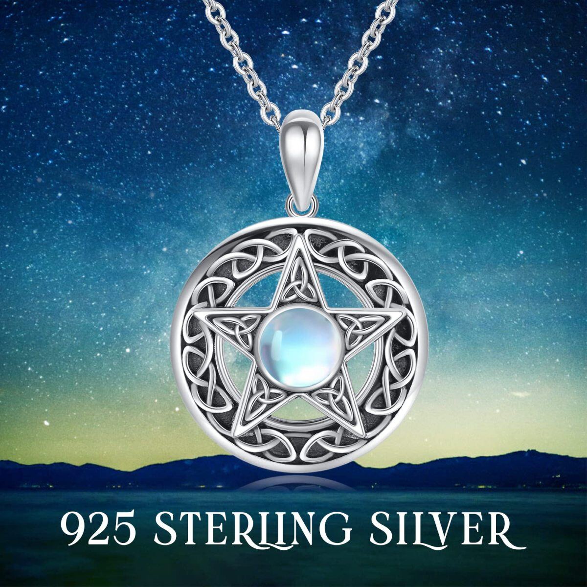 Sterling Silver Circular Shaped Moonstone Pentagram Pendant Necklace-5