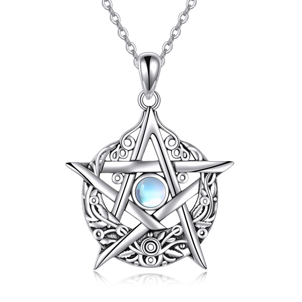 Sterling Silver Circular Shaped Moonstone Pentagram Pendant Necklace-1