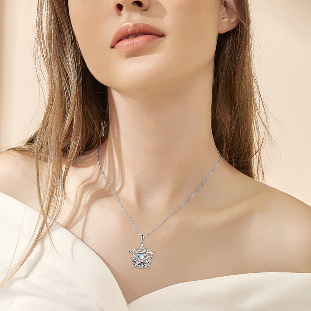 Sterling Silver Circular Shaped Moonstone Pentagram Pendant Necklace-2
