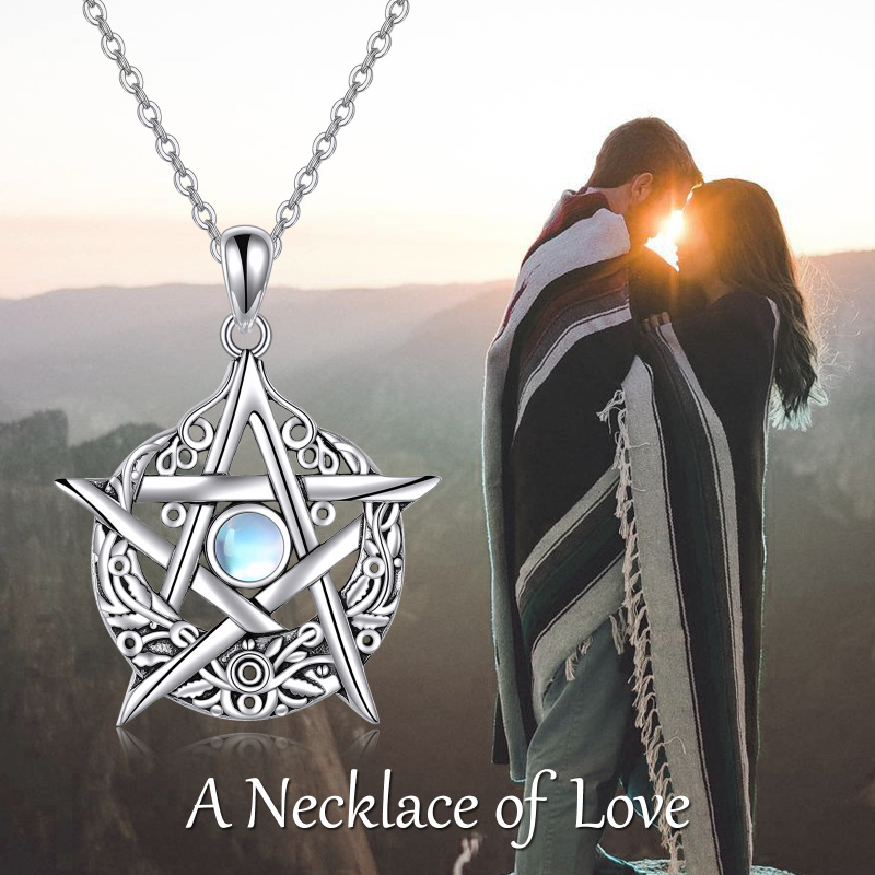 Sterling Silver Circular Shaped Moonstone Pentagram Pendant Necklace-3