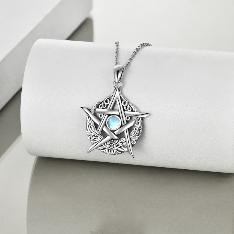 Sterling Silver Circular Shaped Moonstone Pentagram Pendant Necklace-4