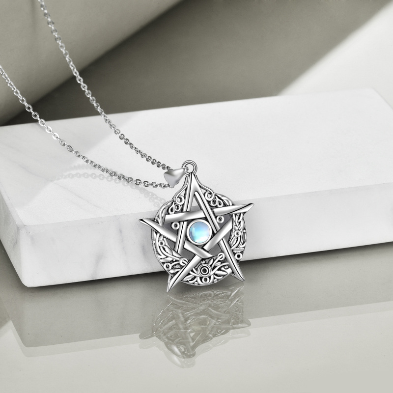 Sterling Silver Circular Shaped Moonstone Pentagram Pendant Necklace-5