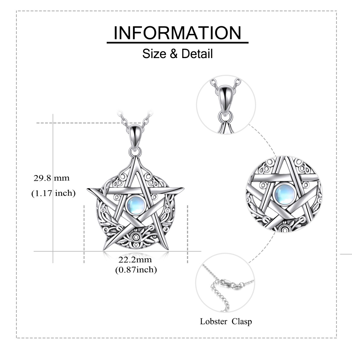 Sterling Silber kreisförmig Mondstein Pentagramm Anhänger Halskette-6