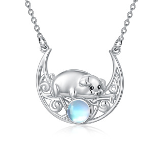 Sterling Silver Circular Shaped Moonstone Pig & Moon Pendant Necklace-33