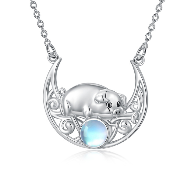 Collana con ciondolo a forma di cerchio in pietra lunare e maiale in argento sterling-1