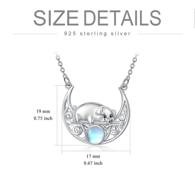 Sterling Silver Circular Shaped Moonstone Pig & Moon Pendant Necklace-5