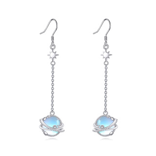 Sterling Silver Circular Shaped Moonstone Planet Drop Earrings-8