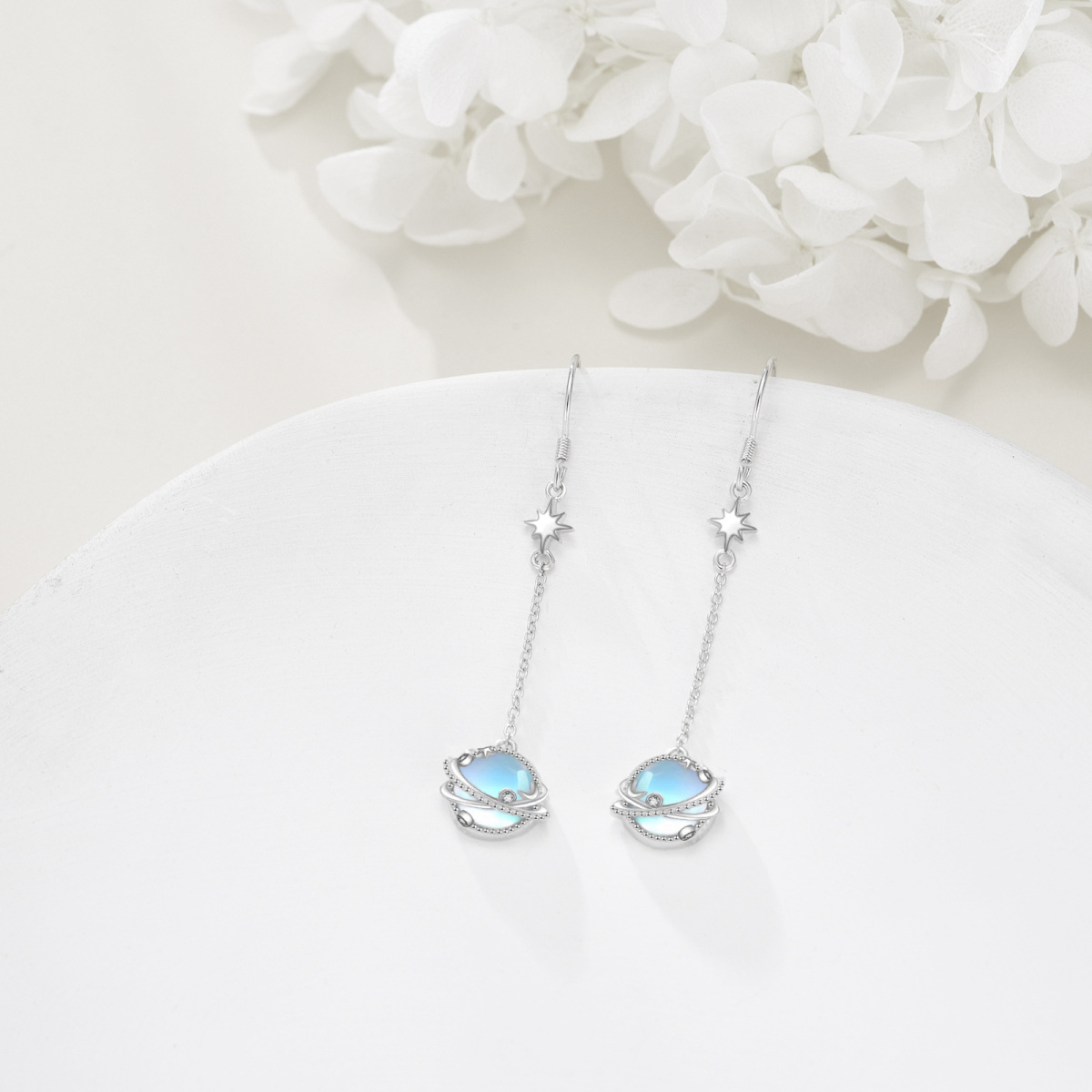 Boucles d'oreilles en argent sterling de forme circulaire en pierre de lune (Moonstone Pla-4