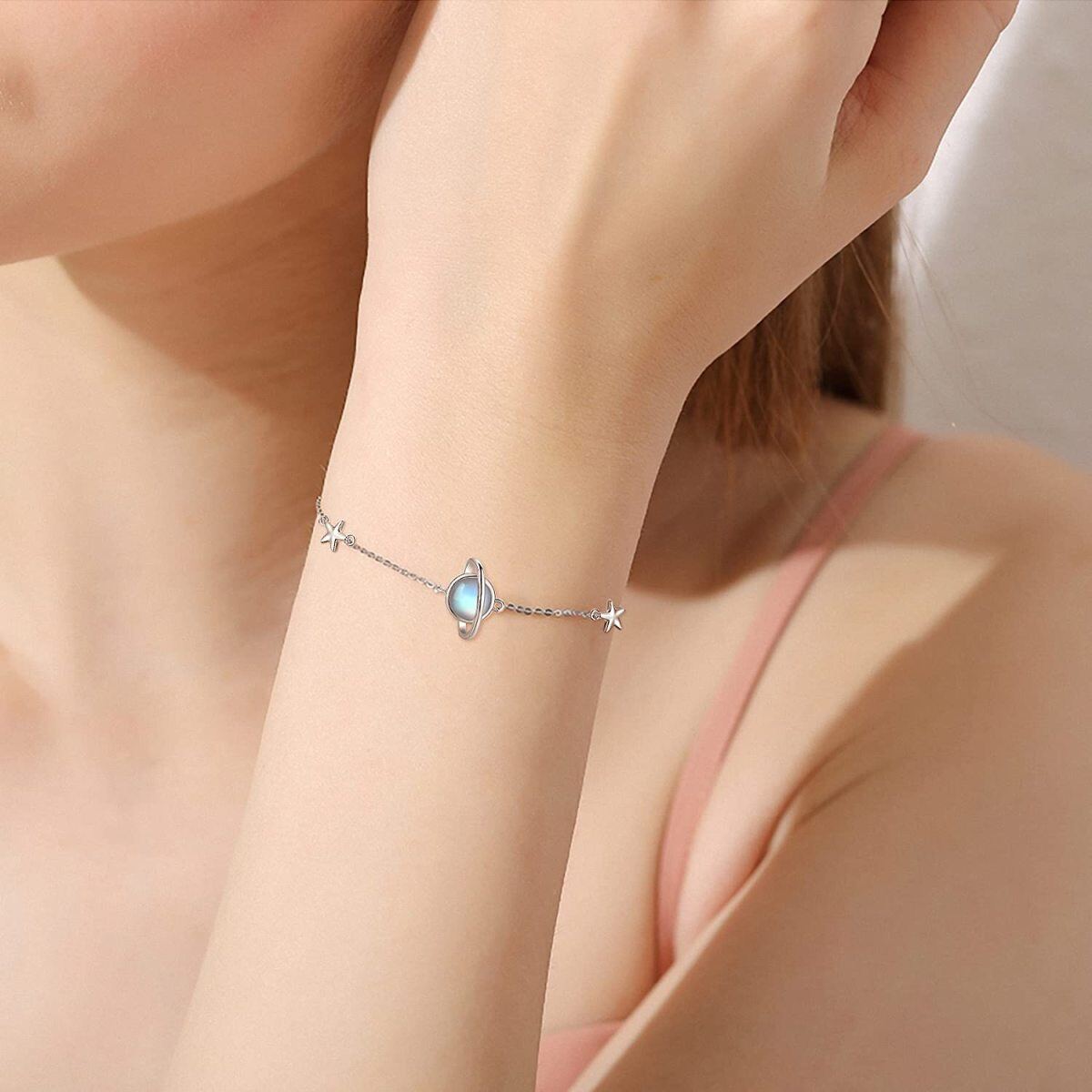 Pulsera colgante de plata de ley con forma circular de piedra lunar Planeta y Estrella-3