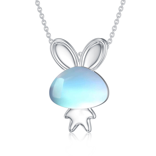 Sterling Silver Circular Shaped Moonstone Rabbit Pendant Necklace