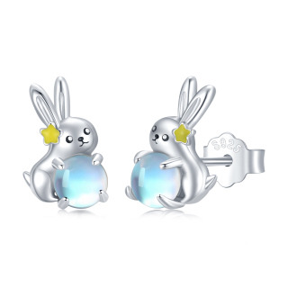 Sterling Silver Circular Shaped Moonstone Rabbit Stud Earrings-5