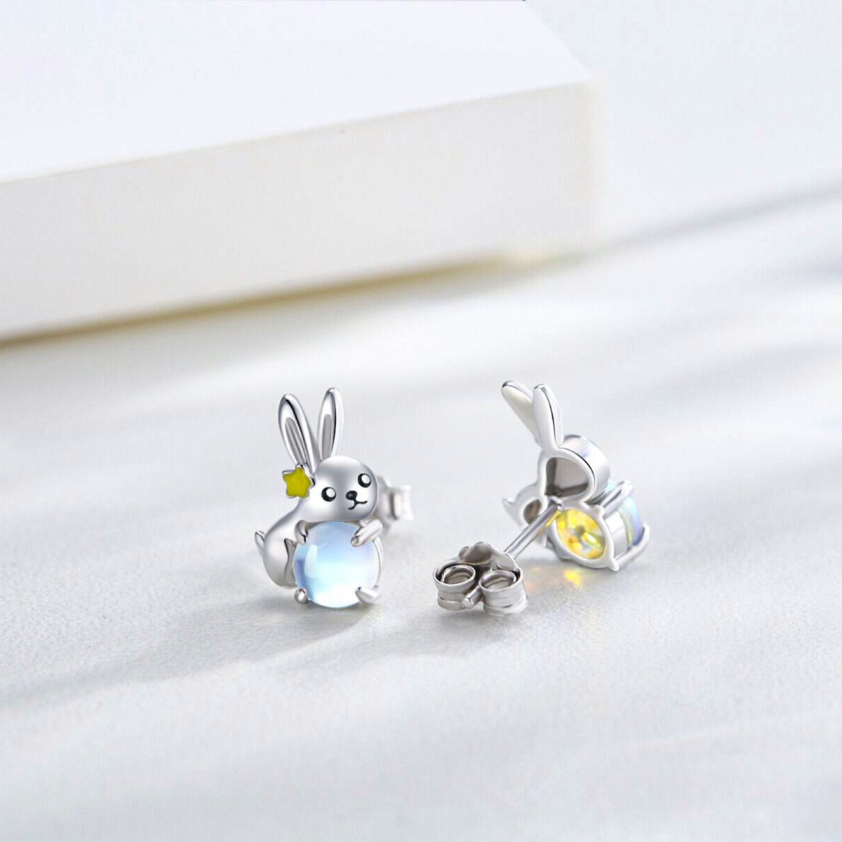 Sterling Silver Circular Shaped Moonstone Rabbit Stud Earrings-2