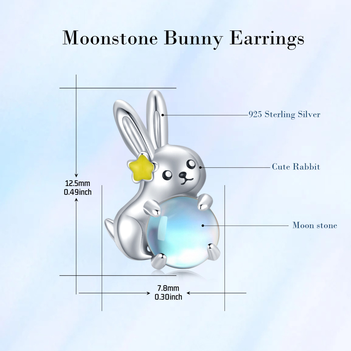 Sterling Silver Circular Shaped Moonstone Rabbit Stud Earrings-3