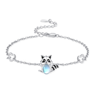 Sterling Silver Circular Shaped Moonstone Raccoon Charm Bracelet-13