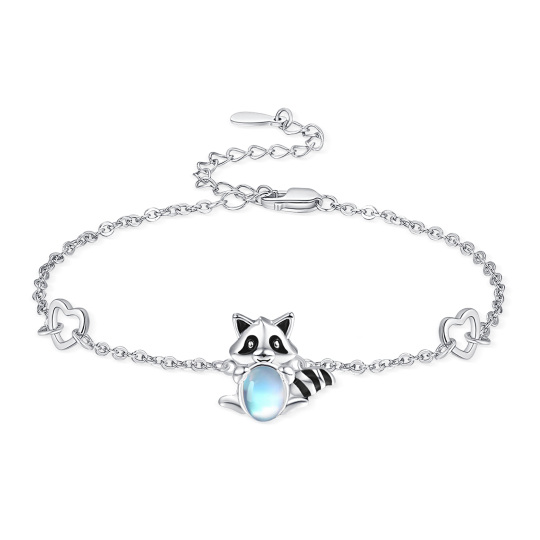 Sterling Silver Circular Shaped Moonstone Raccoon Charm Bracelet