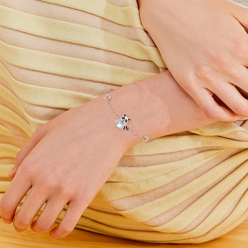 Sterling Silver Circular Shaped Moonstone Raccoon Charm Bracelet-2