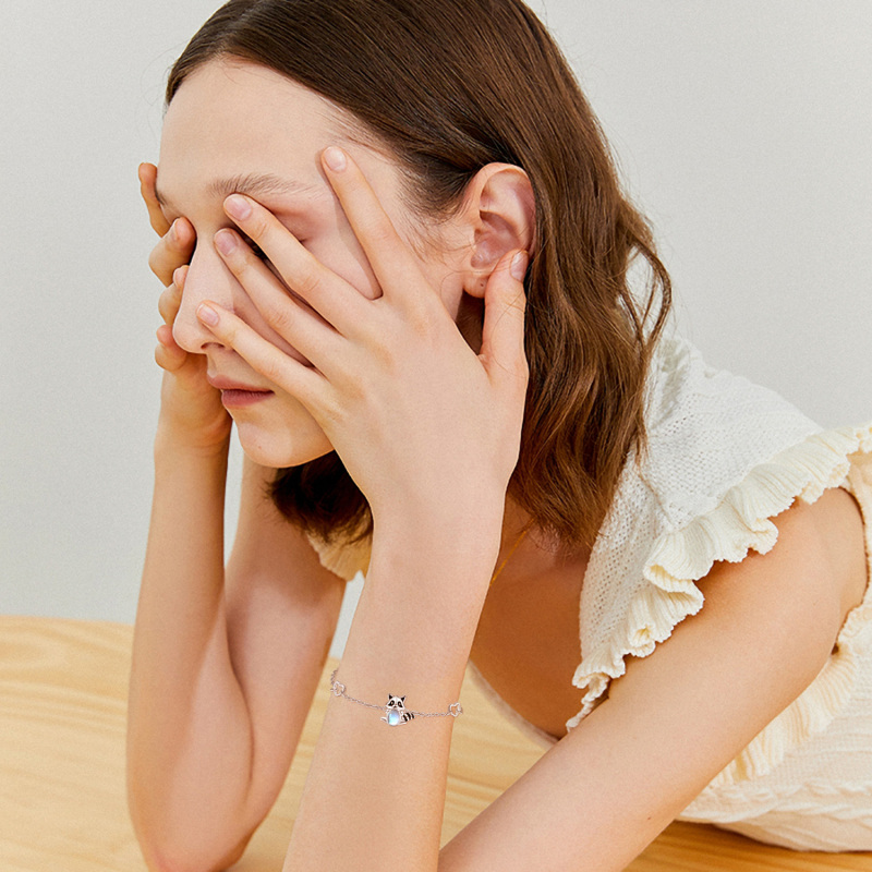 Sterling Silver Circular Shaped Moonstone Raccoon Charm Bracelet-3