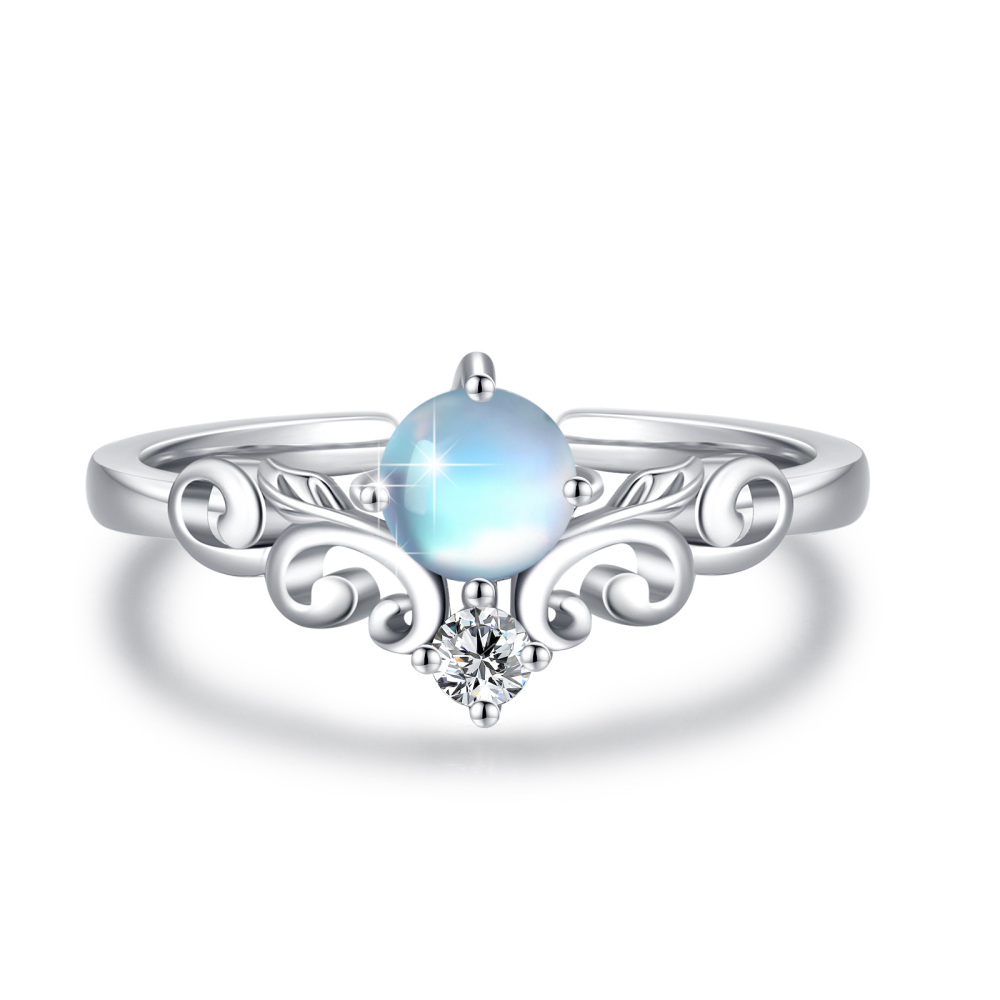 Sterling Silver Round Shaped Moonstone Rainbow Open Ring-1