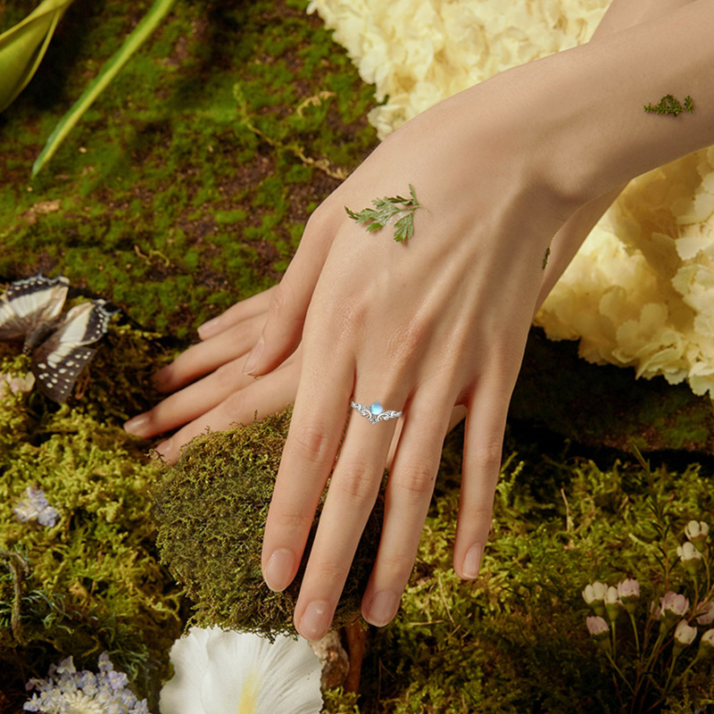 Sterling Silver Round Shaped Moonstone Rainbow Open Ring-2