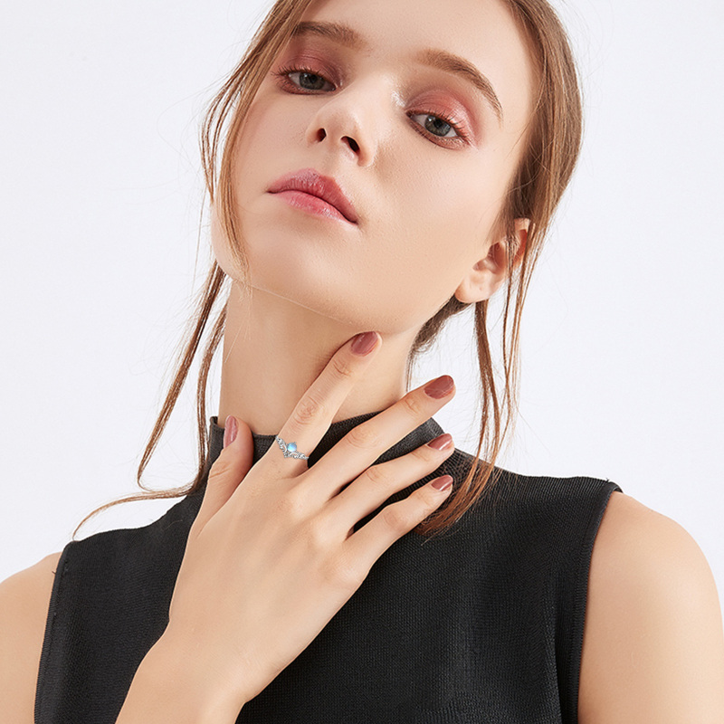 Sterling Silver Round Shaped Moonstone Rainbow Open Ring-3