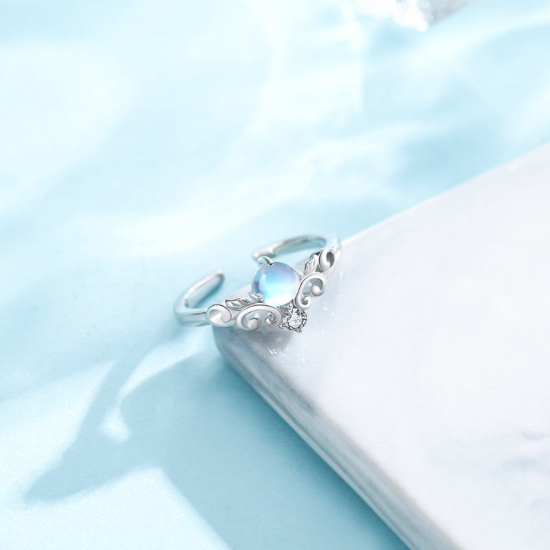 Sterling Silver Round Shaped Moonstone Rainbow Open Ring-4
