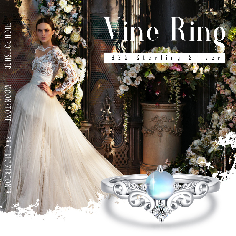 Sterling Silver Round Shaped Moonstone Rainbow Open Ring-5