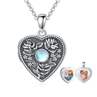 Sterling Silver Circular Moonstone Heart With Rose Personalized Photo Locket Necklace For Women-2