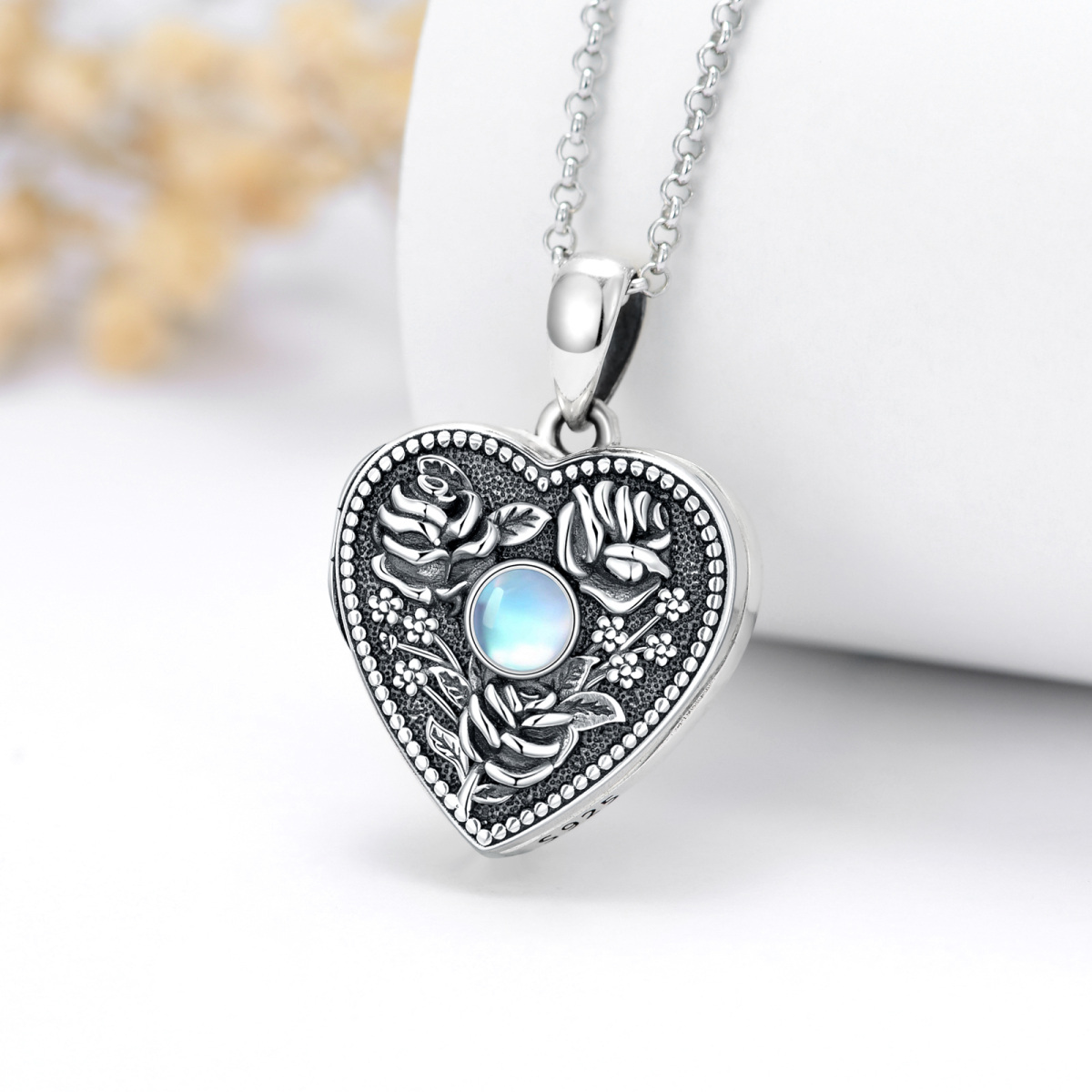 Sterling Silver Circular Moonstone Heart With Rose Personalized Photo Locket Necklace For Women-3