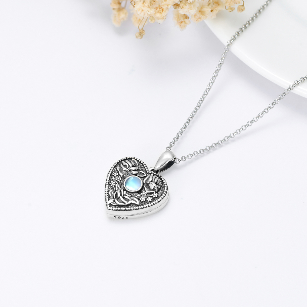 Sterling Silver Circular Moonstone Heart With Rose Personalized Photo Locket Necklace For Women-4