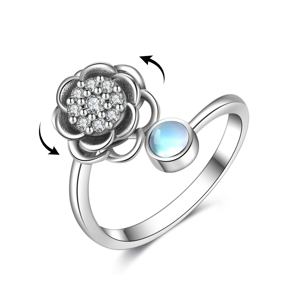 Sterling Silver Round Shaped Moonstone Rose Spinner Ring-1