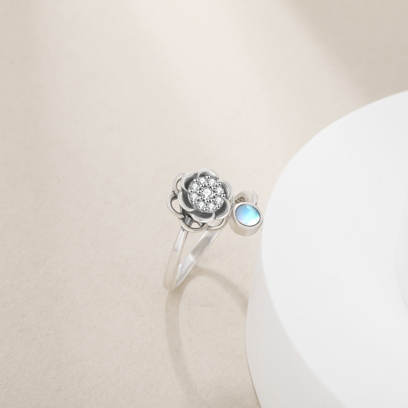 Sterling Silver Round Shaped Moonstone Rose Spinner Ring-3