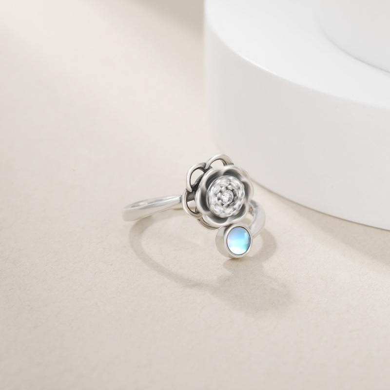 Sterling Silver Round Shaped Moonstone Rose Spinner Ring-4